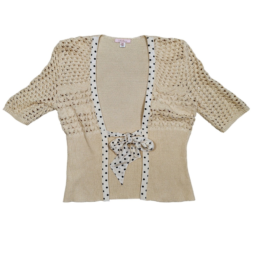 Intuitions Cardigan Sweater Womens Large Cream Polka Dot Tie Pointelle Cotton